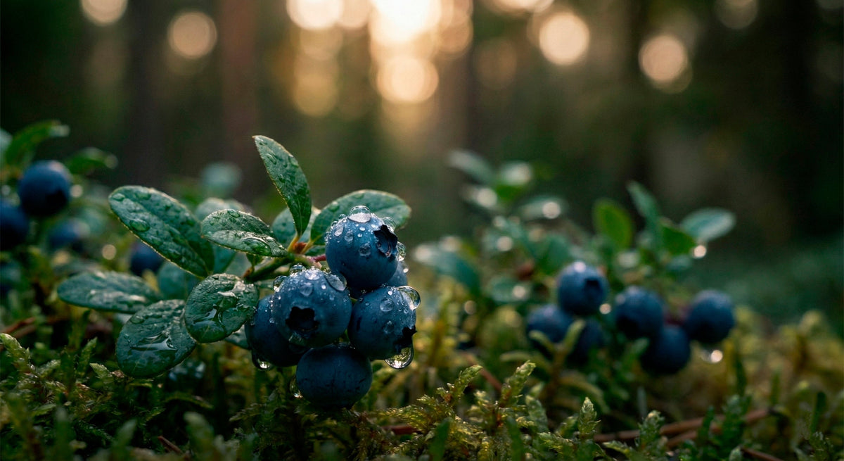 Ein Strauch mit reifen, wilden Waldheidelbeeren in ihrer natürlichen Umgebung