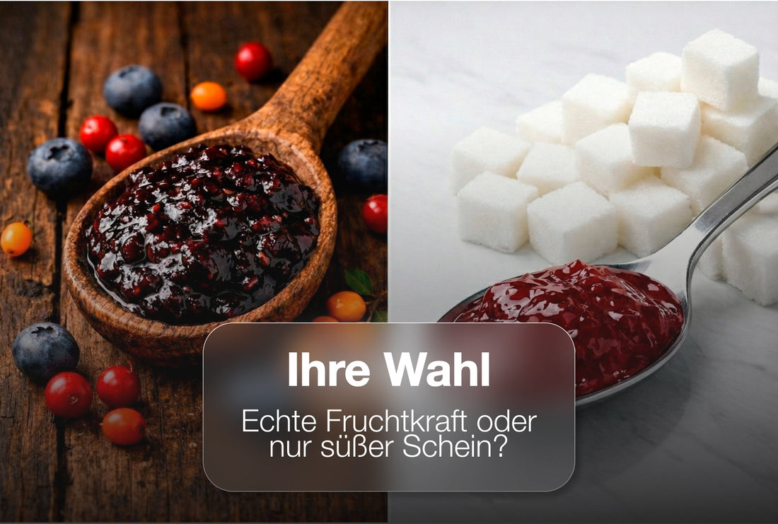 Vergleichsbild: Naturreine Heilkorn Beerenpaste auf einem Holzlöffel mit frischen Beeren links, gegenüber zuckerreicher Supermarkt-Marmelade rechts