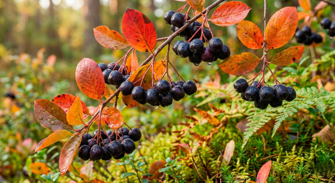 Nahaufnahme von reifen Aroniabeeren in der Natur