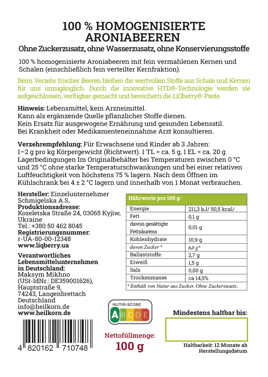 LiQberry Aroniapaste Etikett Rückseite – Nährwerte und Zutaten 545g