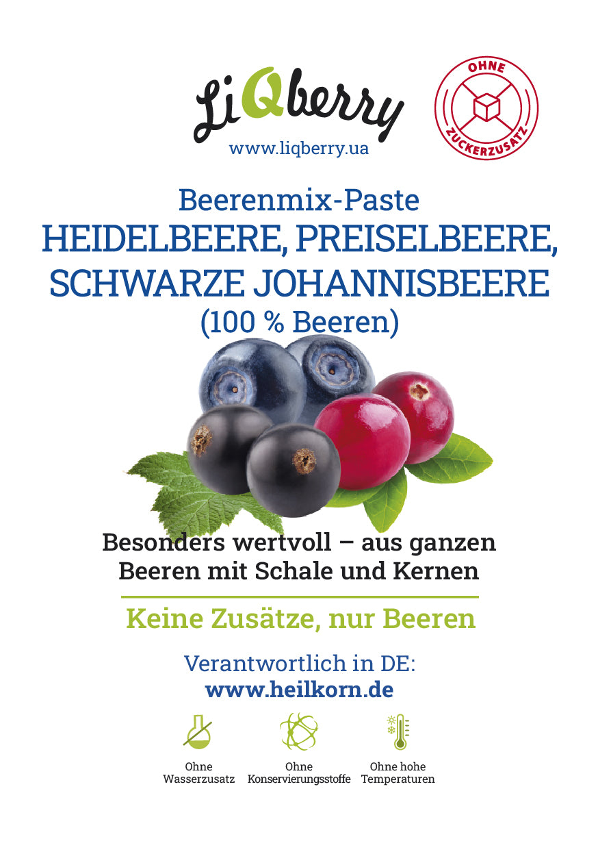 LiQberry Beerenmix-Paste Etikett Vorderseite – Heidelbeere Preiselbeere Johannisbeere 545g