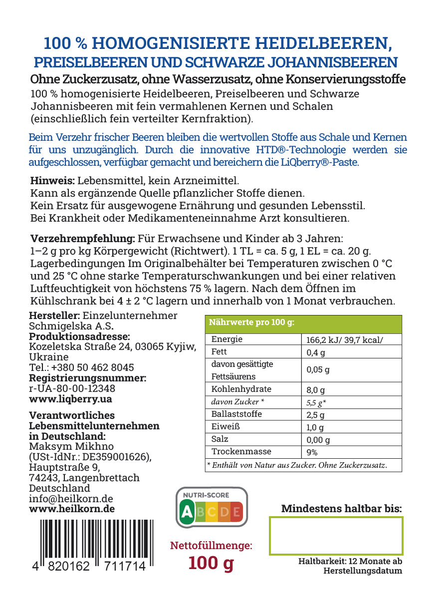 LiQberry Beerenmix-Paste Etikett Rückseite – Nährwerte und Zutaten 545g