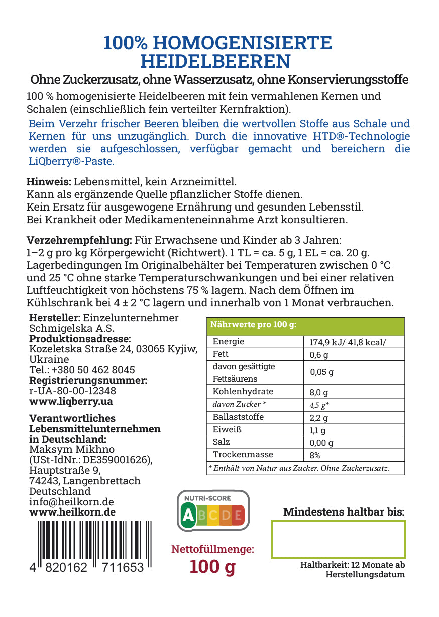 LiQberry Heidelbeerpaste Etikett Rückseite – Nährwerte und Zutaten 545g