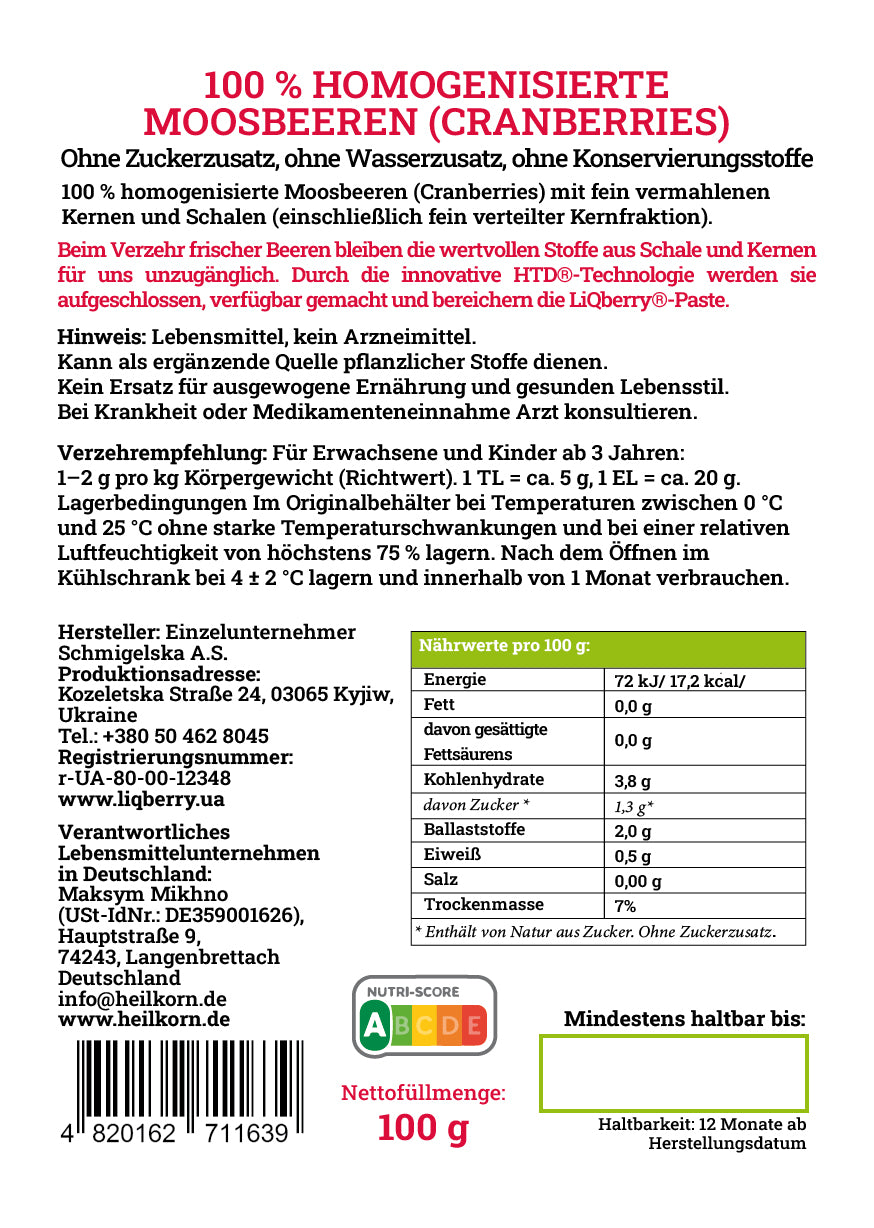 LiQberry Cranberrypaste Etikett Rückseite – Nährwerte und Zutaten 545g