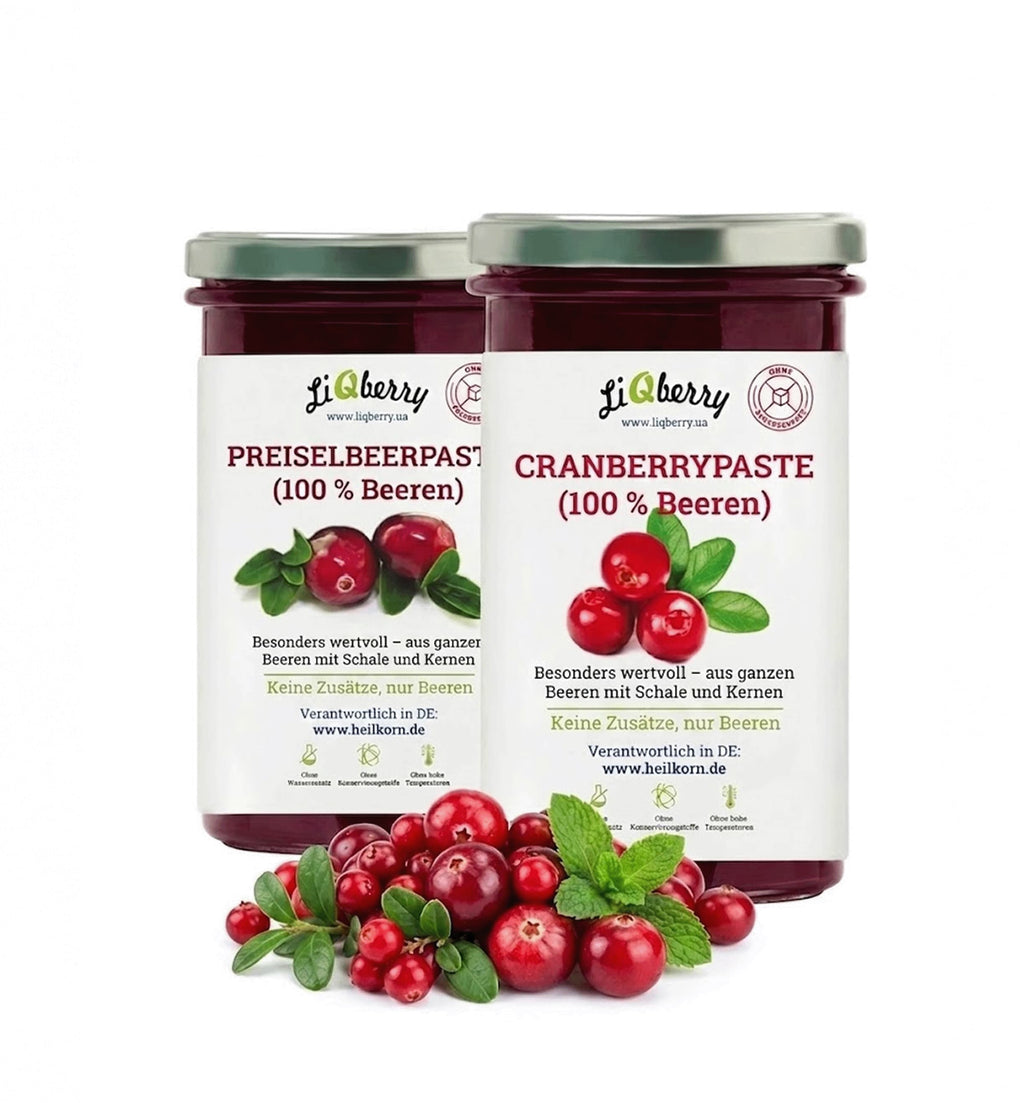 LiQberry Set Cranberry & Preiselbeere – 2 x 545g Cranberry & Preiselbeere-Paste ohne Zuckerzusatz