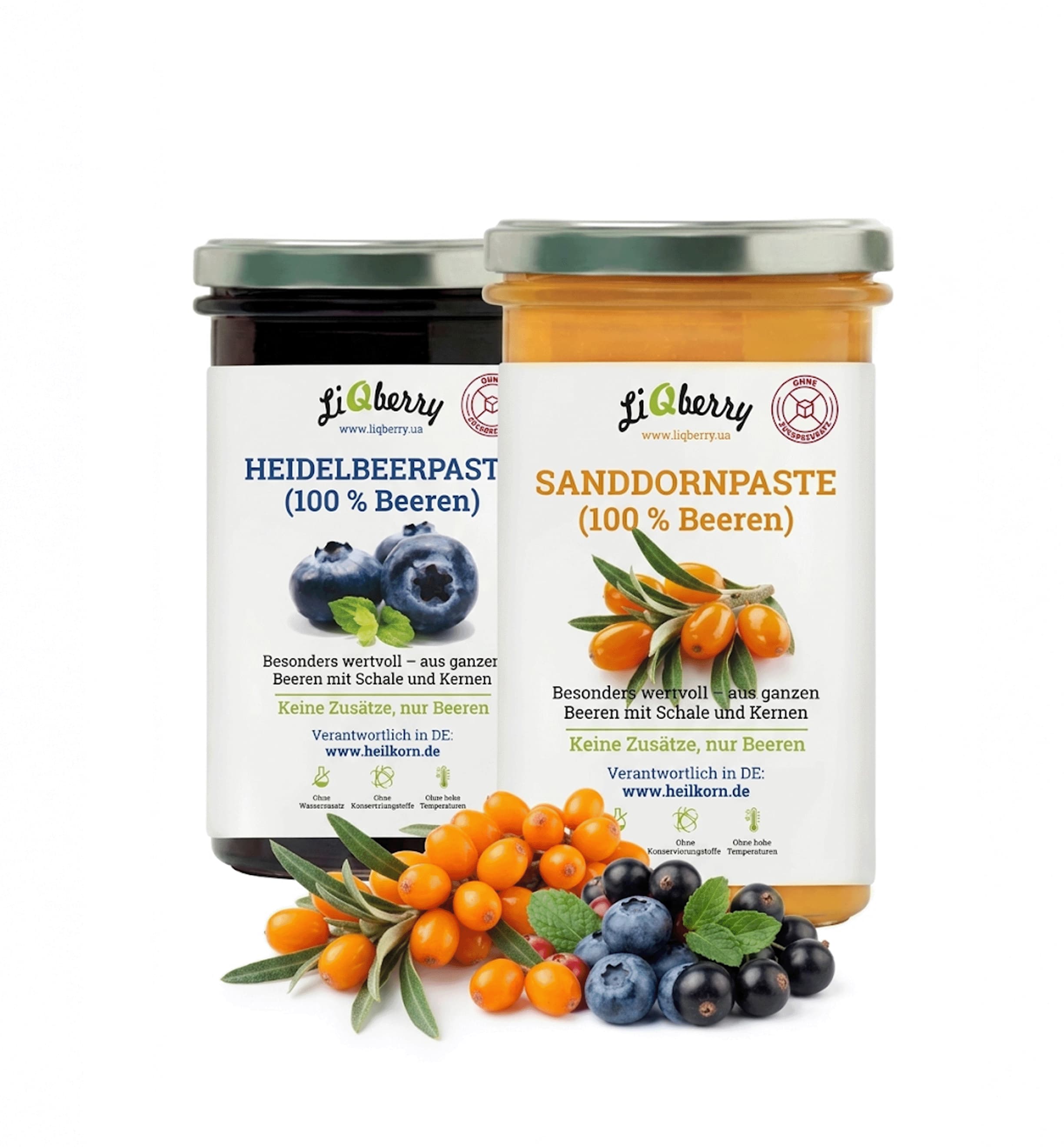 LiQberry Set Sanddorn & Heidelbeere – 2 x 545g Sanddorn & Heidelbeer-Paste ohne Zuckerzusatz