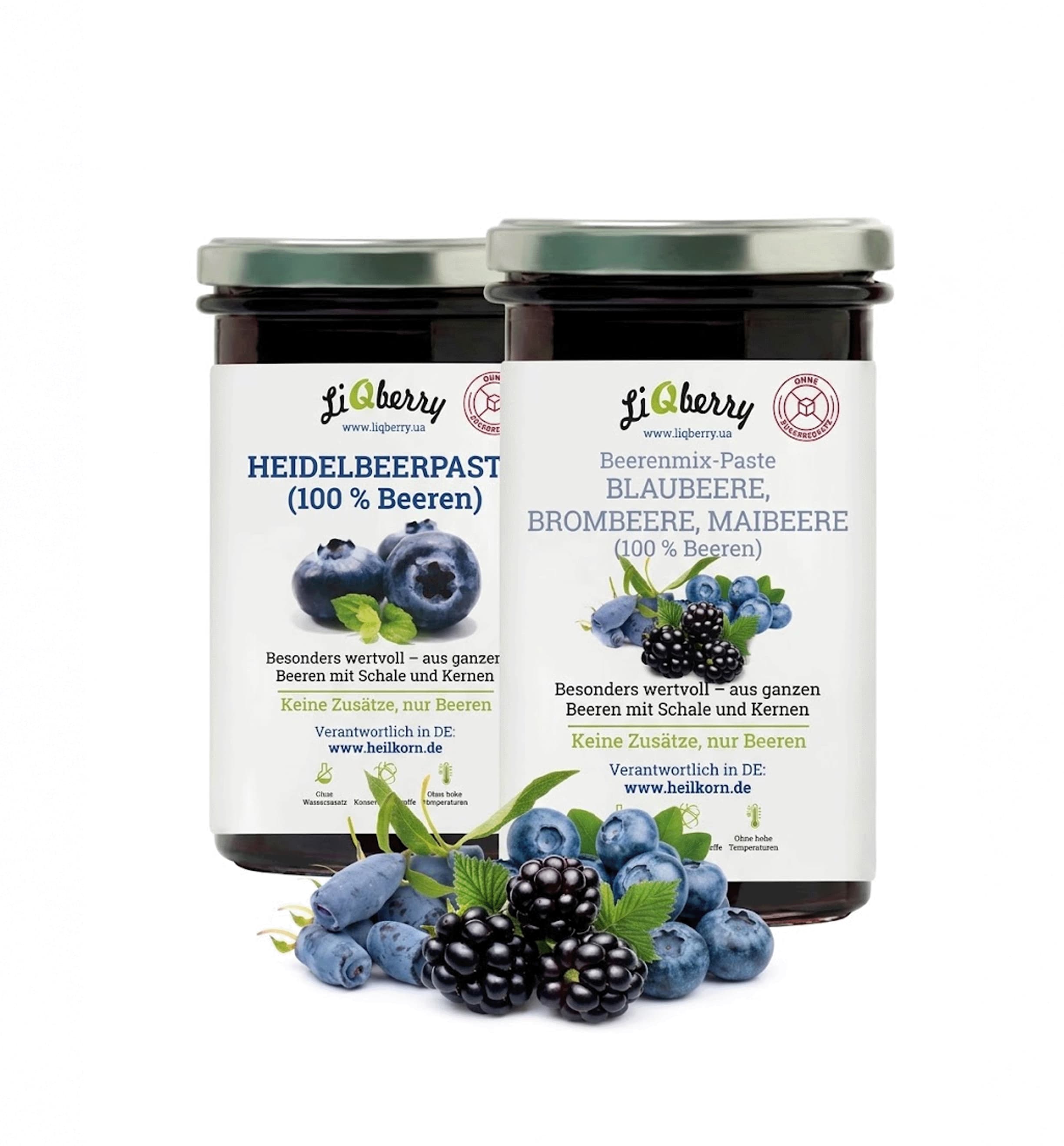LiQberry Set Wilde Beeren & Tiefblauer Genuss – 2 x 545g Heidelbeer-Paste & Beerenmix Maibeere ohne Zuckerzusatz