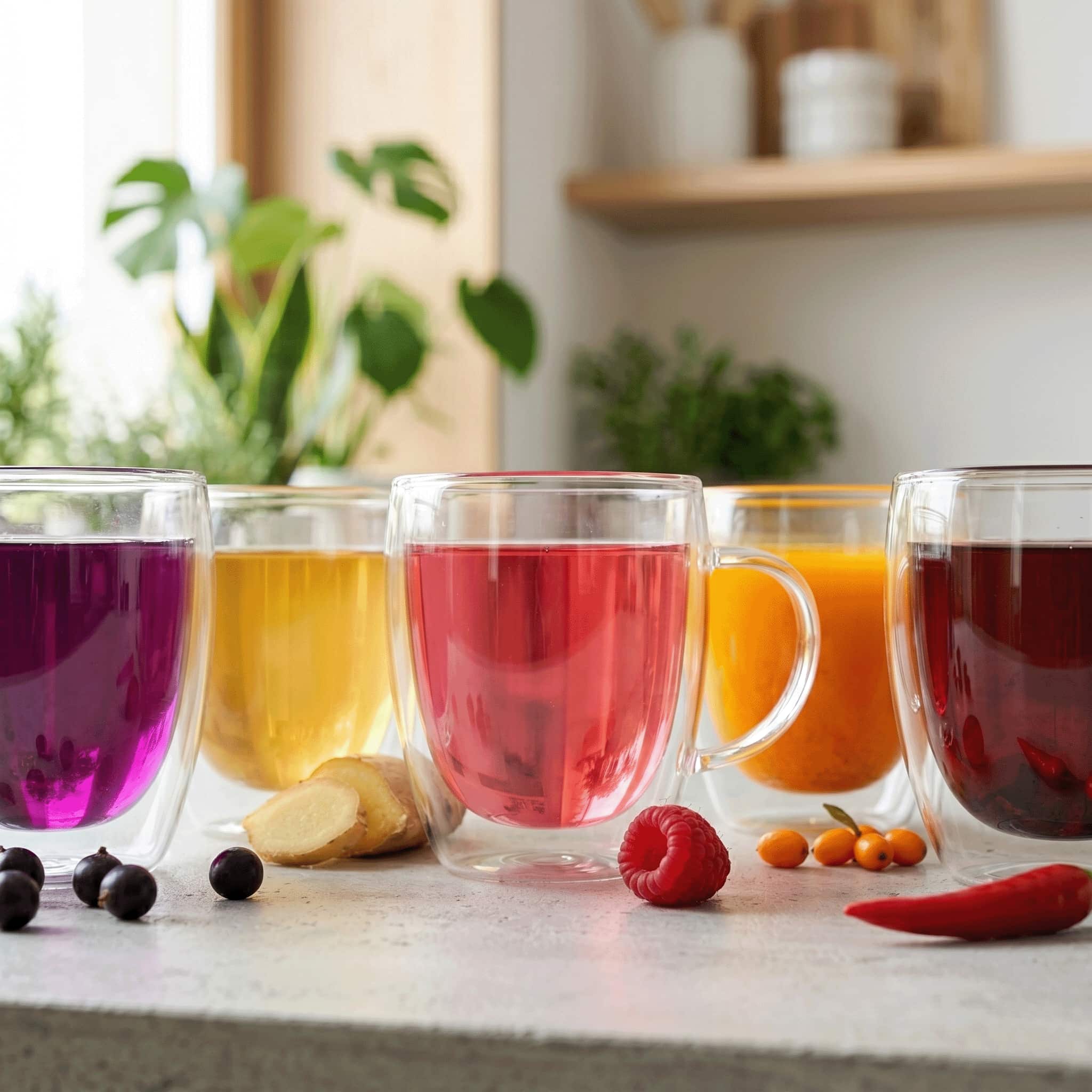 5 doppelwandige Glasbecher mit bunten YÖGODA Tees - lila, gelb, rot, orange, dunkelrot - auf Küchentheke