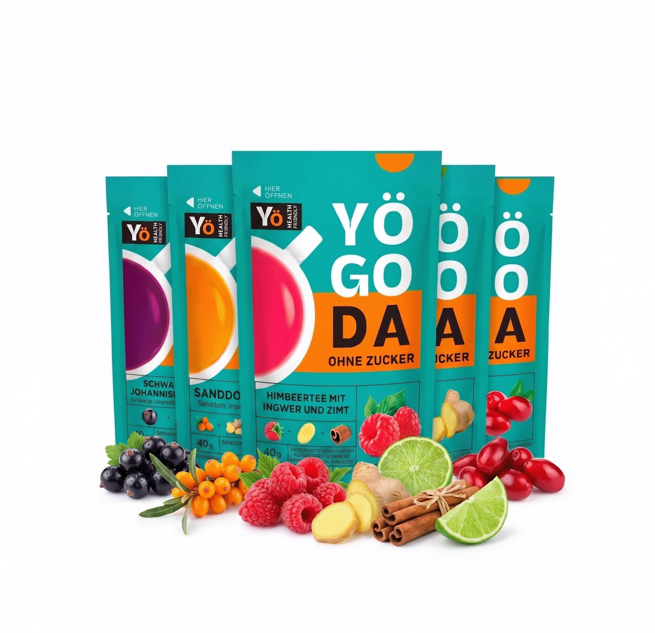 YÖGODA Tee-Probierpaket 5 Sorten - Schwarze Johannisbeere, Sanddorn, Himbeere, Kornelkirsche, Ingwer - ohne Zucker
