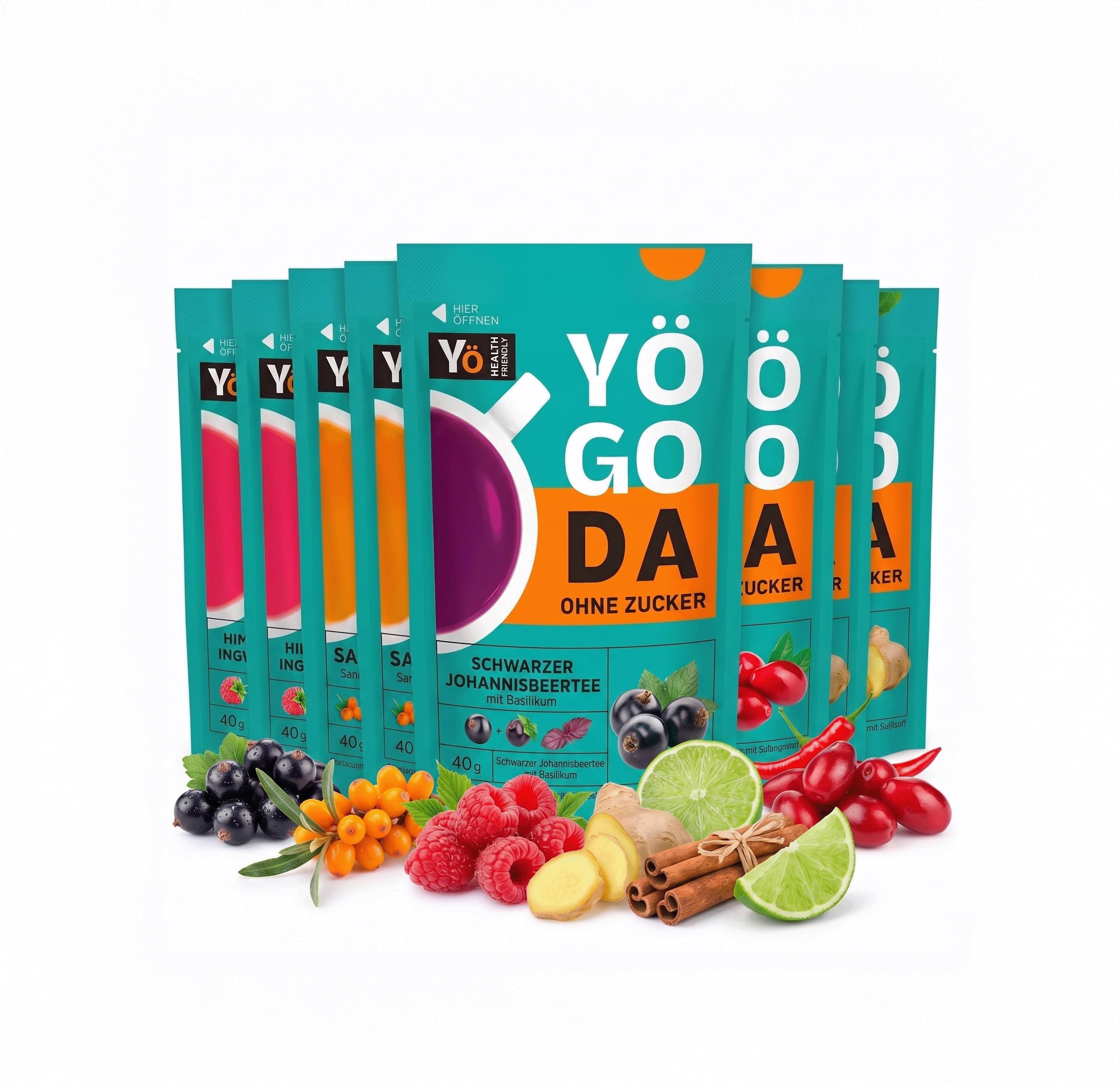 YÖGODA 10er Mixpaket Teekonzentrate ohne Zucker – 10 x 40g in 5 verschiedenen Sorten: Johannisbeere, Sanddorn, Himbeere, Kornelkirsche, Ingwer